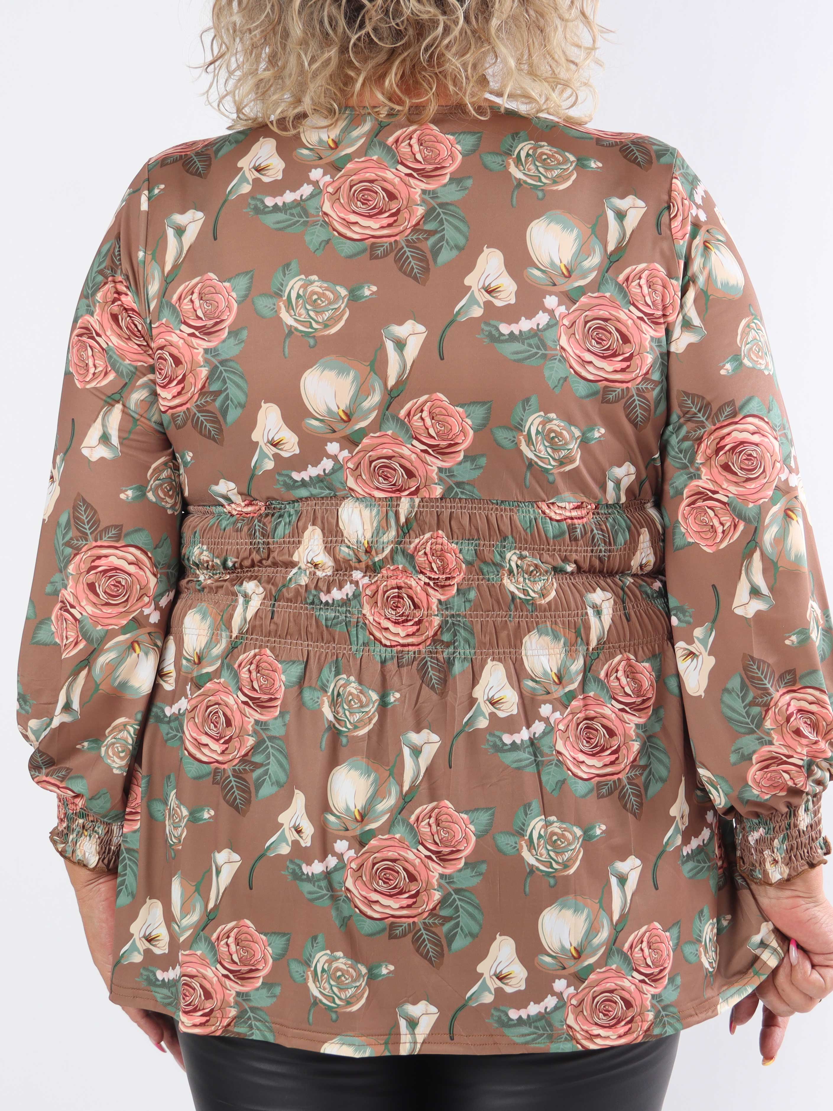 Pams Rose Shirt L/S - Elastisk plus size blus i skrynkelfritt tyg med rosor